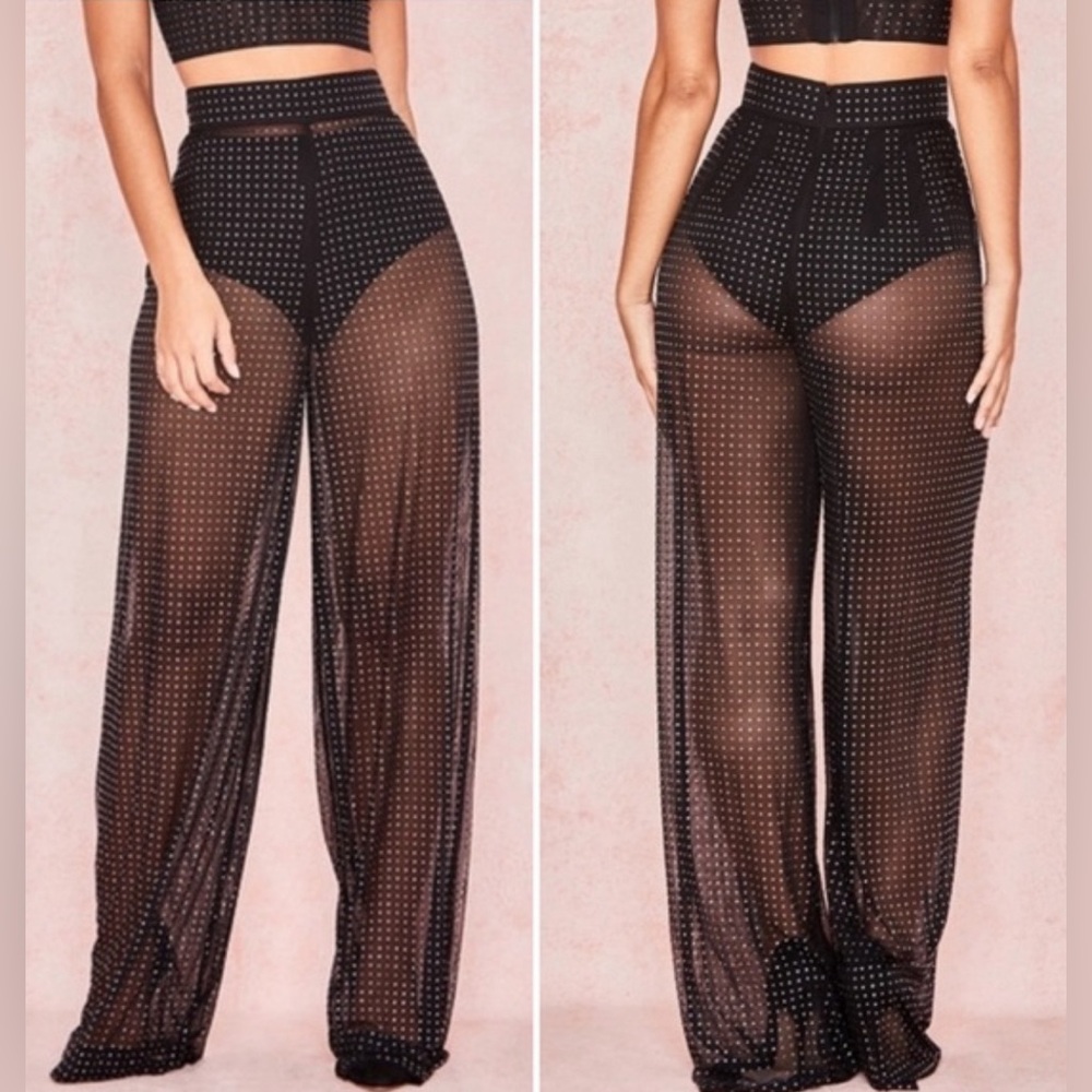 NWOT 
House of CB 
Anya Crystal Embellished Mesh Sheer See Through Trouser Pants